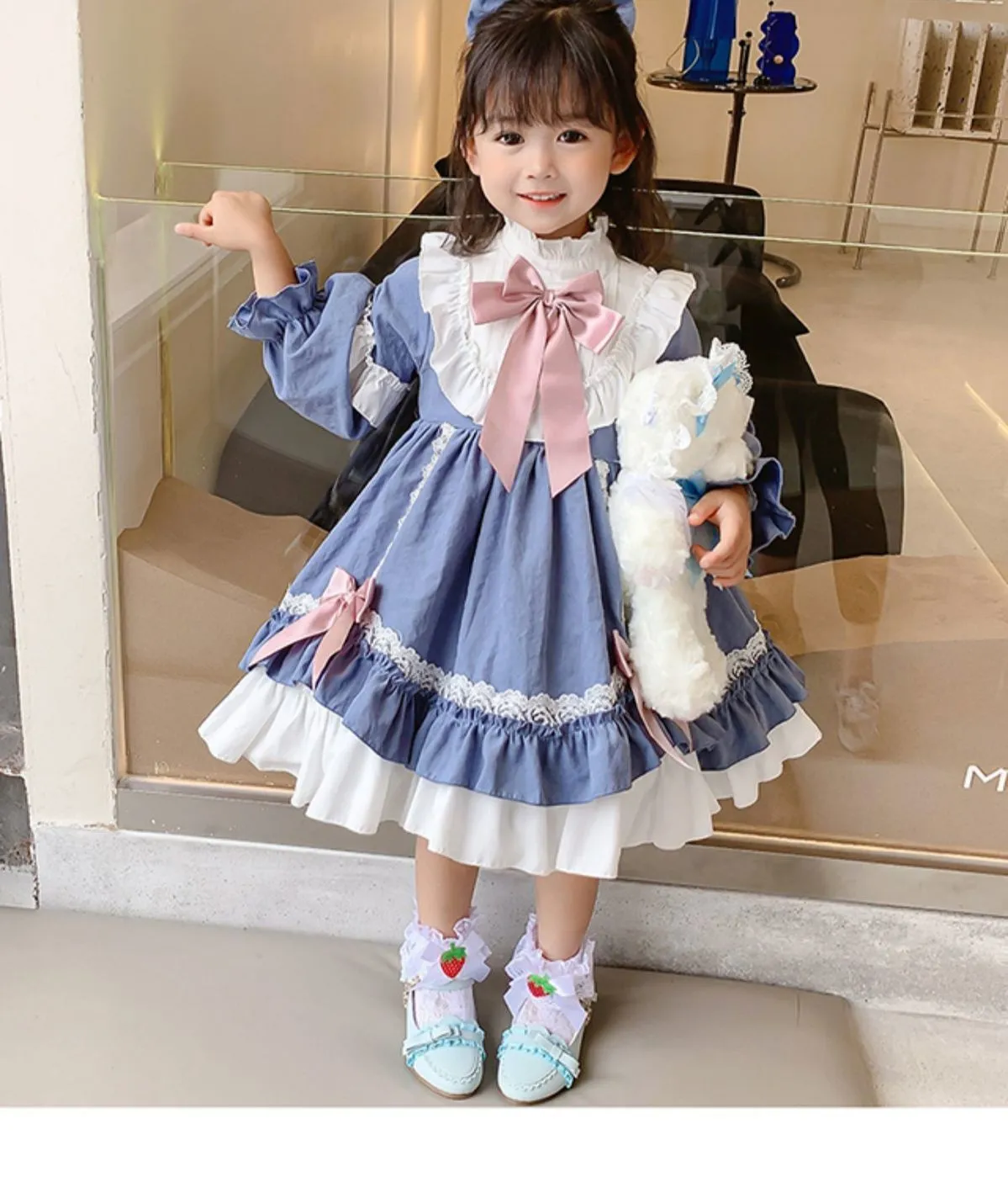 Lolita Style Blue Bow Pleated Baby Dress Princess Party Dress For Girls