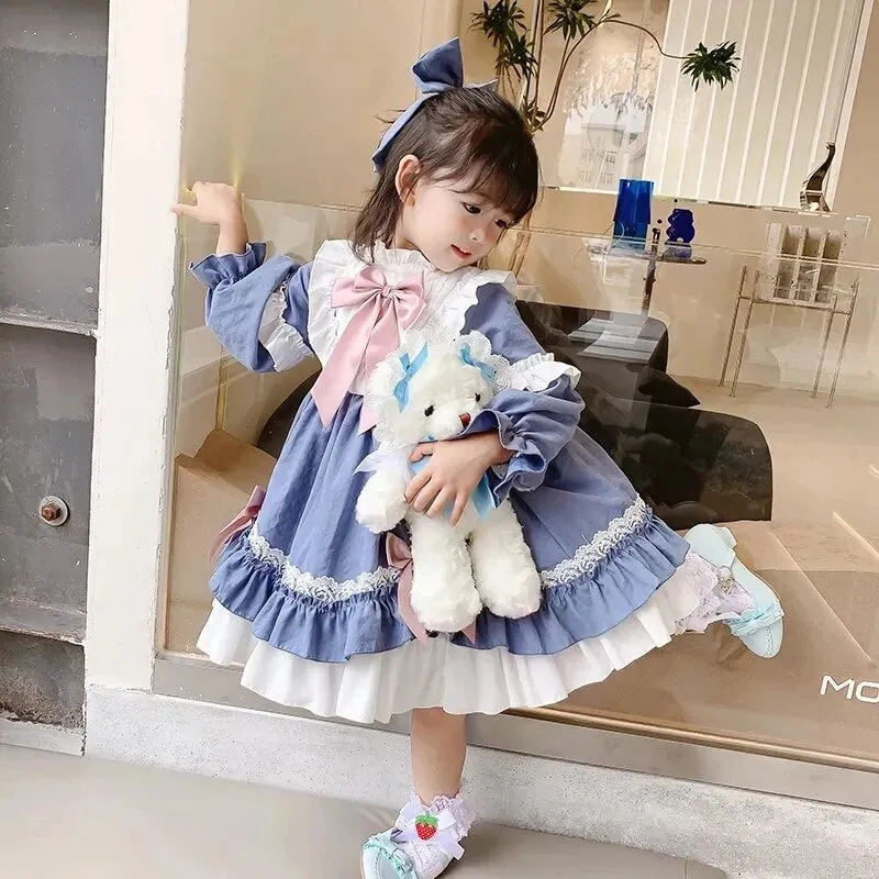 Lolita Style Blue Bow Pleated Baby Dress Princess Party Dress For Girls