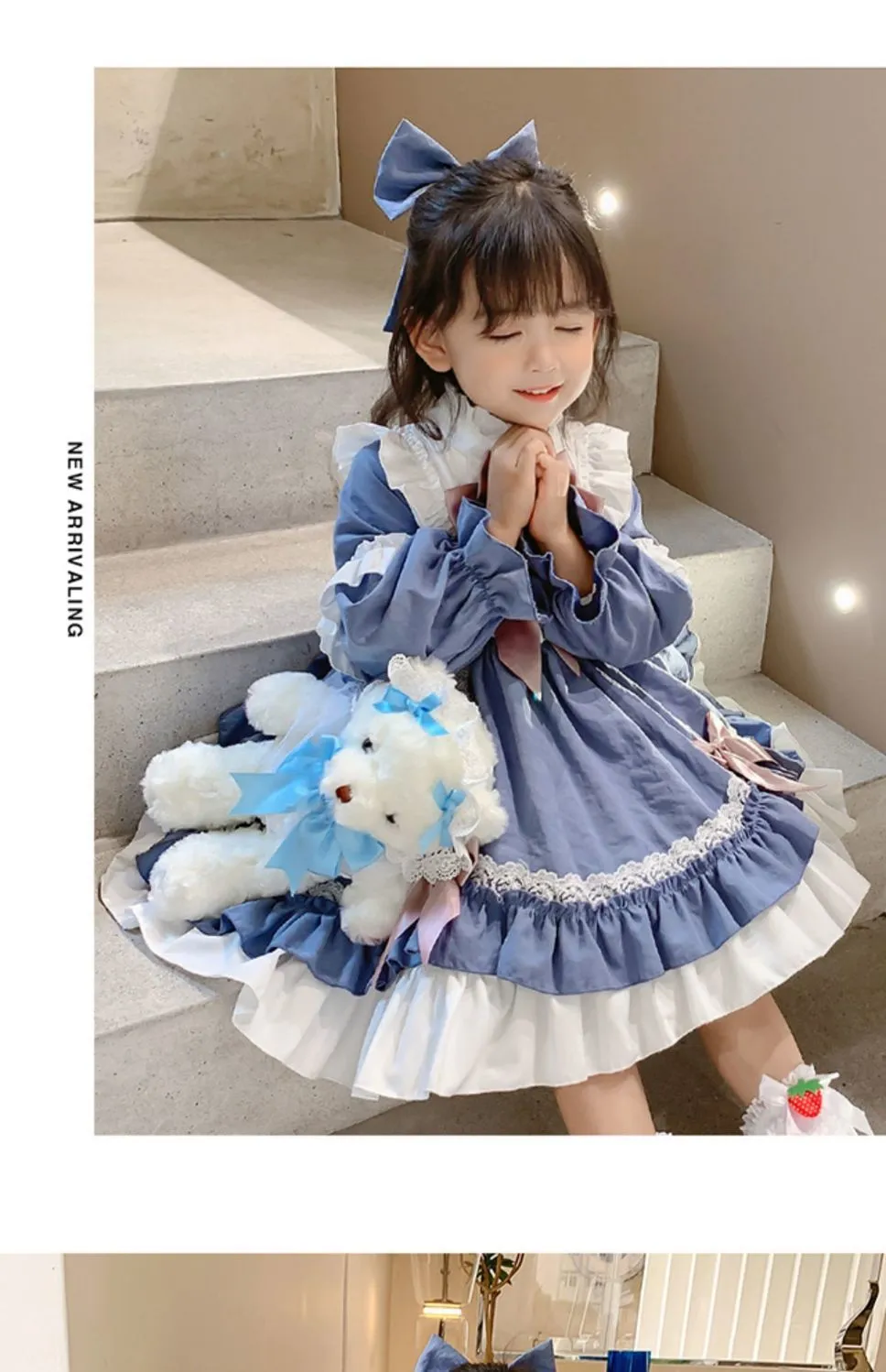 Lolita Style Blue Bow Pleated Baby Dress Princess Party Dress For Girls