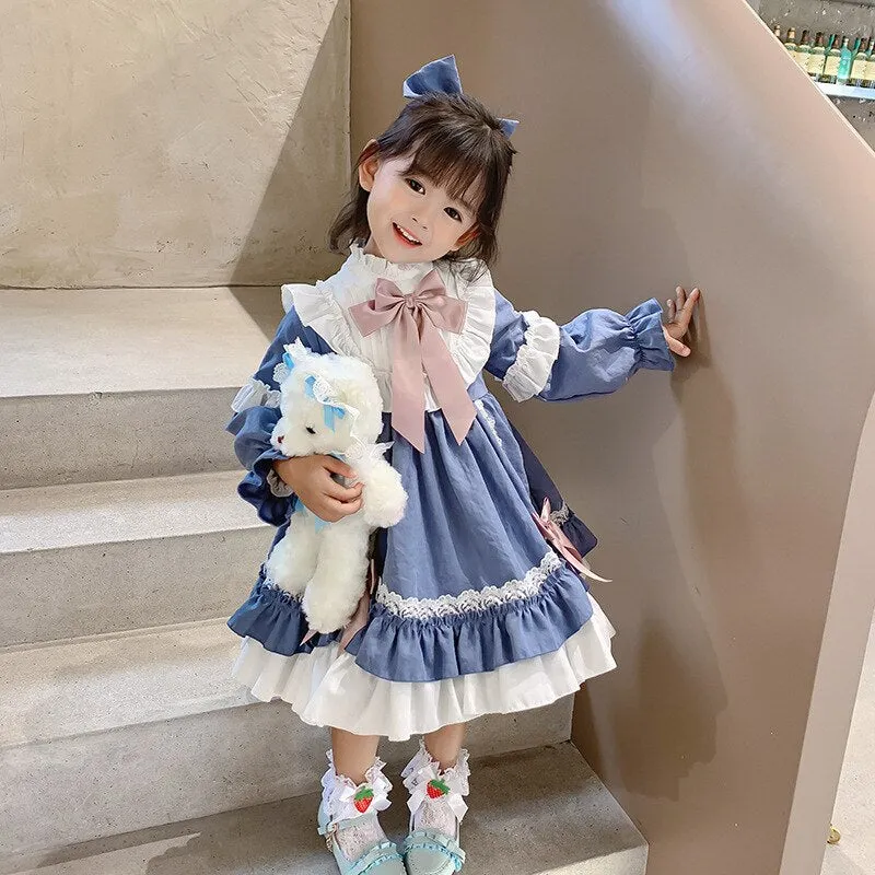 Lolita Style Blue Bow Pleated Baby Dress Princess Party Dress For Girls