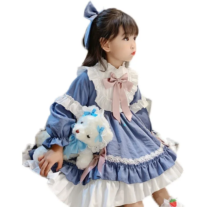 Lolita Style Blue Bow Pleated Baby Dress Princess Party Dress For Girls