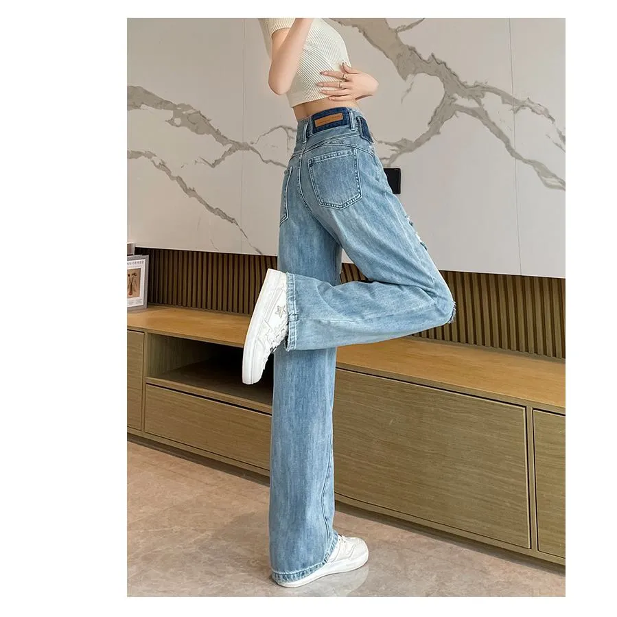 Loose Fit Distressed Color Blocking Straight Leg High-Waisted Jeans