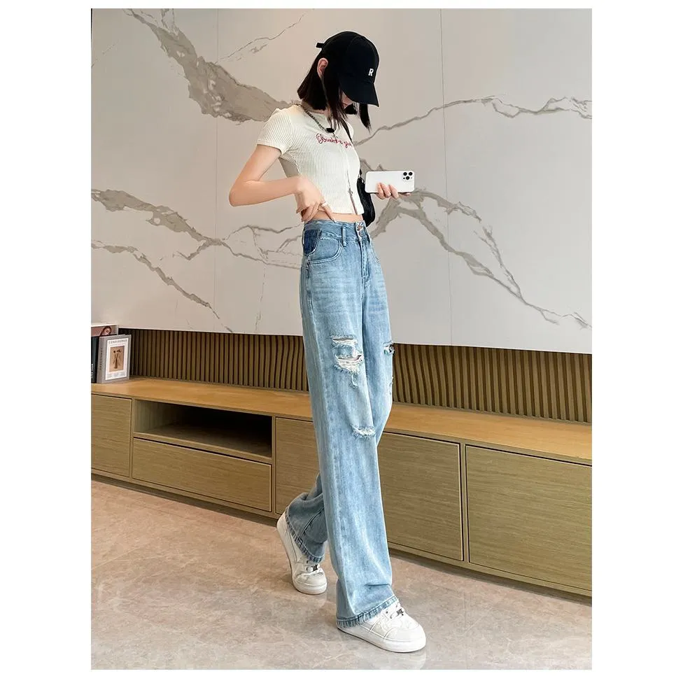 Loose Fit Distressed Color Blocking Straight Leg High-Waisted Jeans