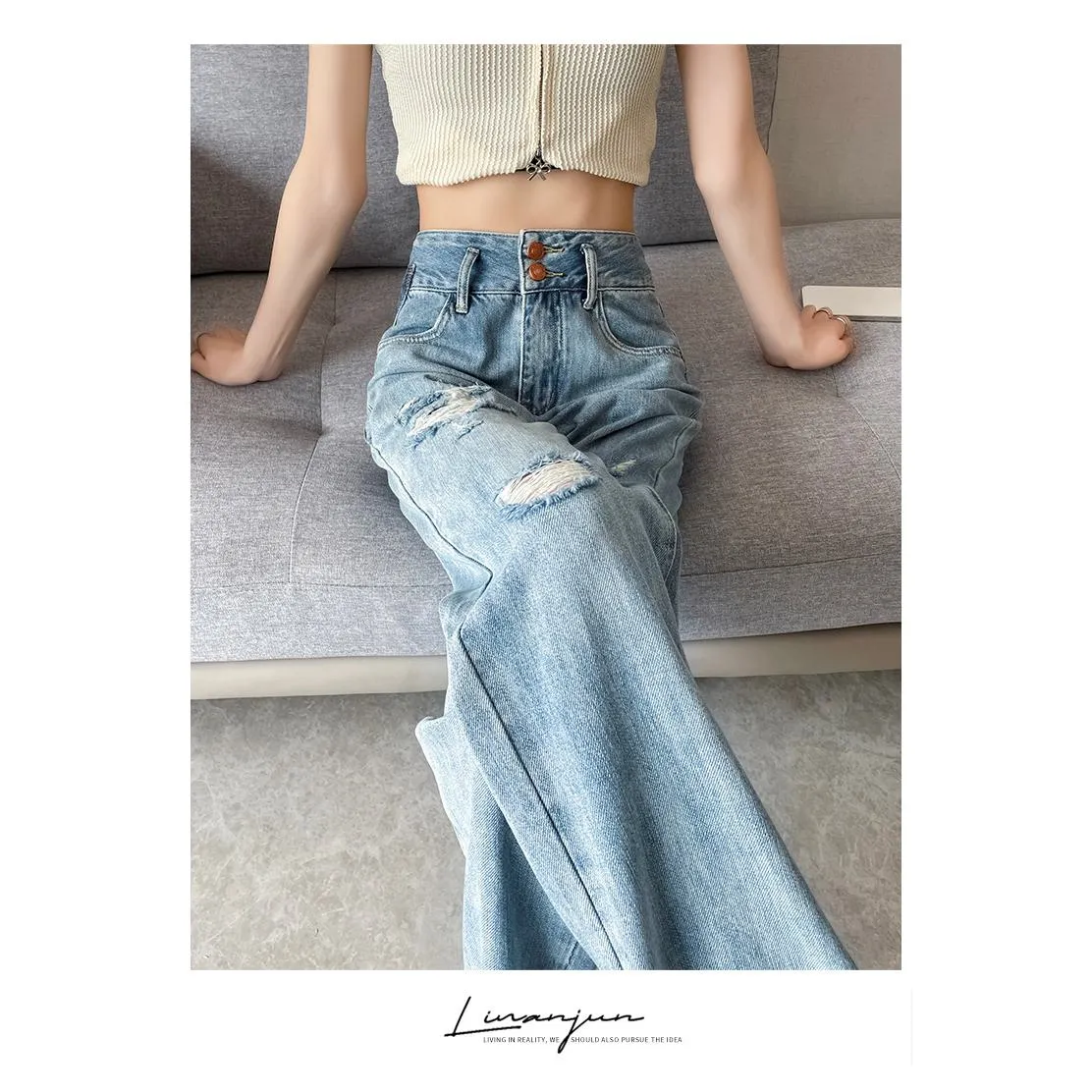 Loose Fit Distressed Color Blocking Straight Leg High-Waisted Jeans