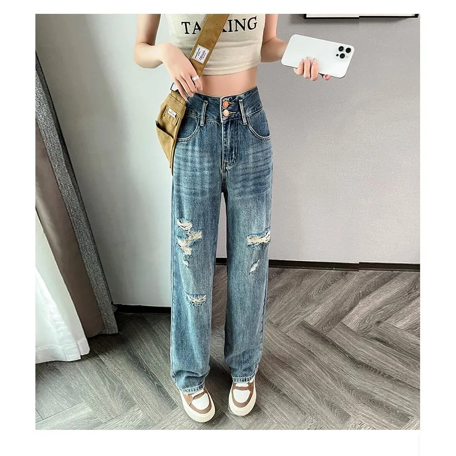 Loose Fit Distressed Color Blocking Straight Leg High-Waisted Jeans