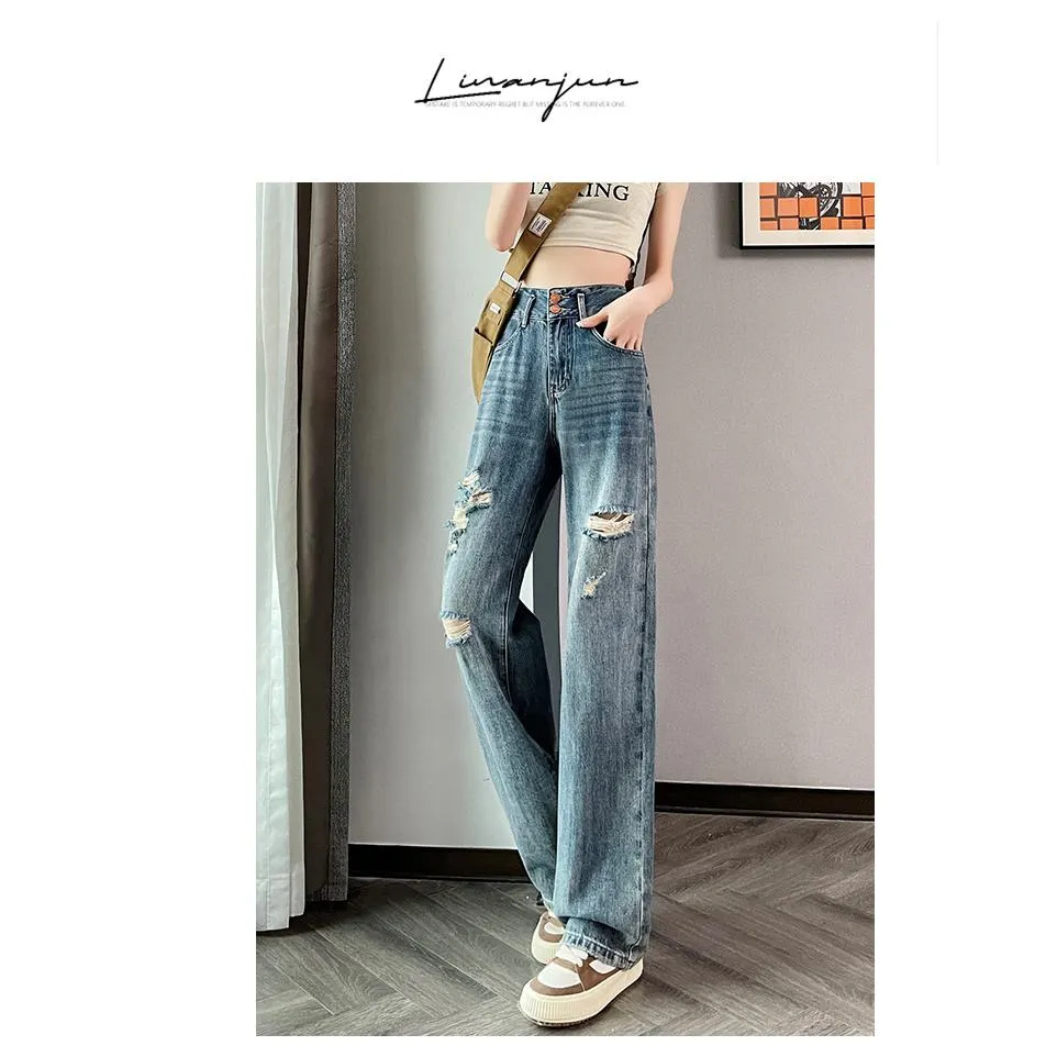 Loose Fit Distressed Color Blocking Straight Leg High-Waisted Jeans