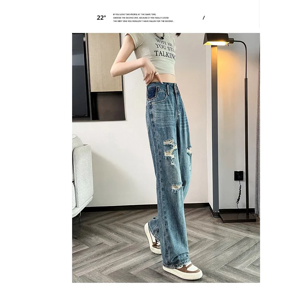 Loose Fit Distressed Color Blocking Straight Leg High-Waisted Jeans