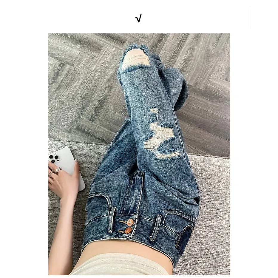 Loose Fit Distressed Color Blocking Straight Leg High-Waisted Jeans