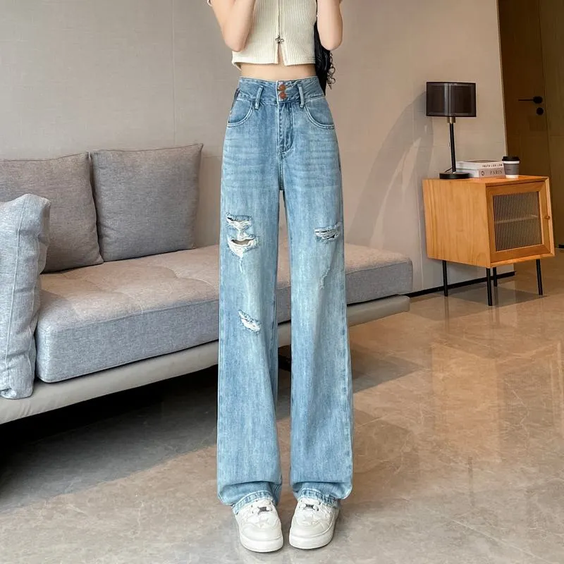 Loose Fit Distressed Color Blocking Straight Leg High-Waisted Jeans