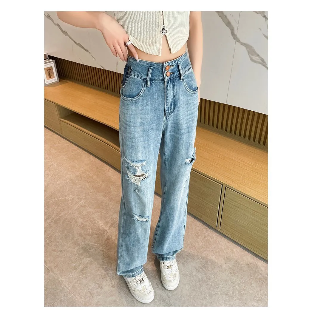 Loose Fit Distressed Color Blocking Straight Leg High-Waisted Jeans