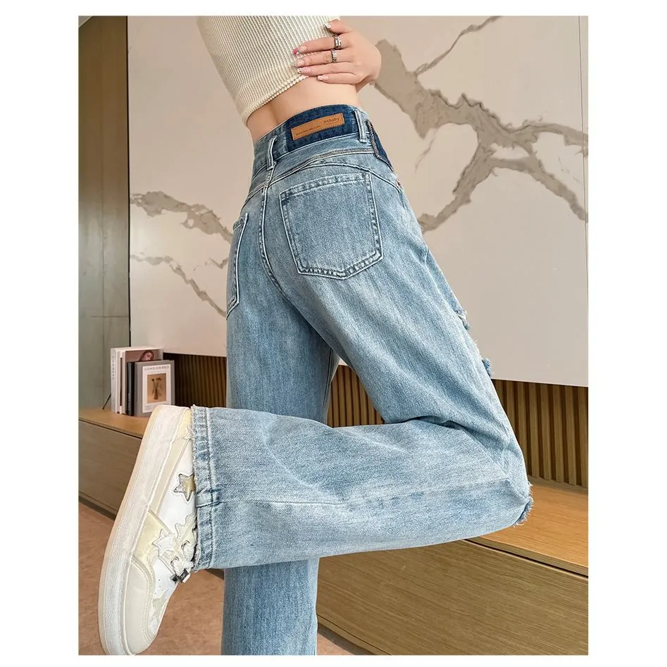 Loose Fit Distressed Color Blocking Straight Leg High-Waisted Jeans