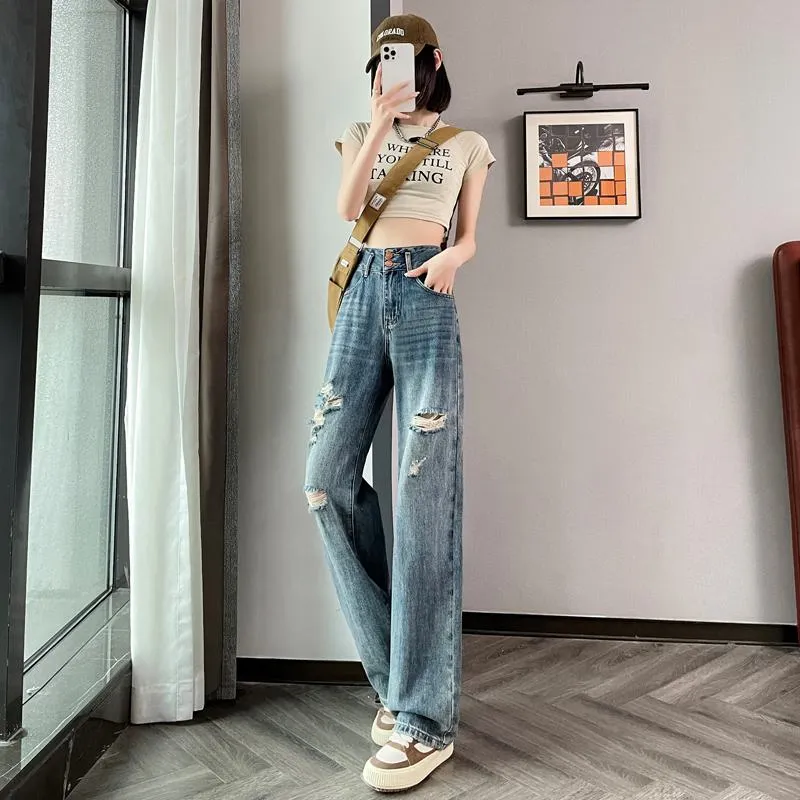 Loose Fit Distressed Color Blocking Straight Leg High-Waisted Jeans