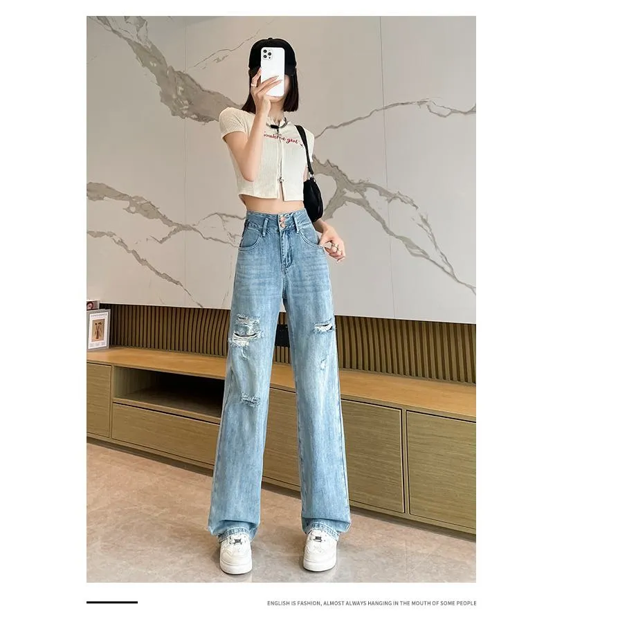 Loose Fit Distressed Color Blocking Straight Leg High-Waisted Jeans