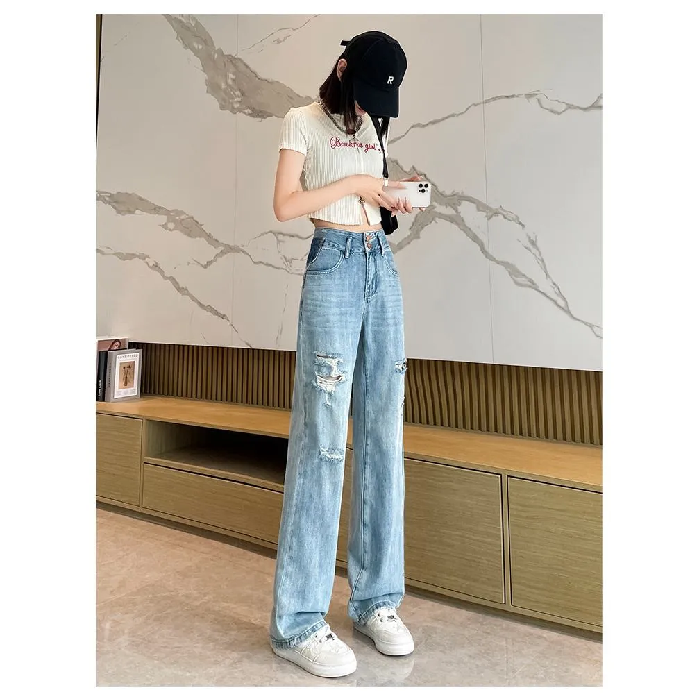 Loose Fit Distressed Color Blocking Straight Leg High-Waisted Jeans