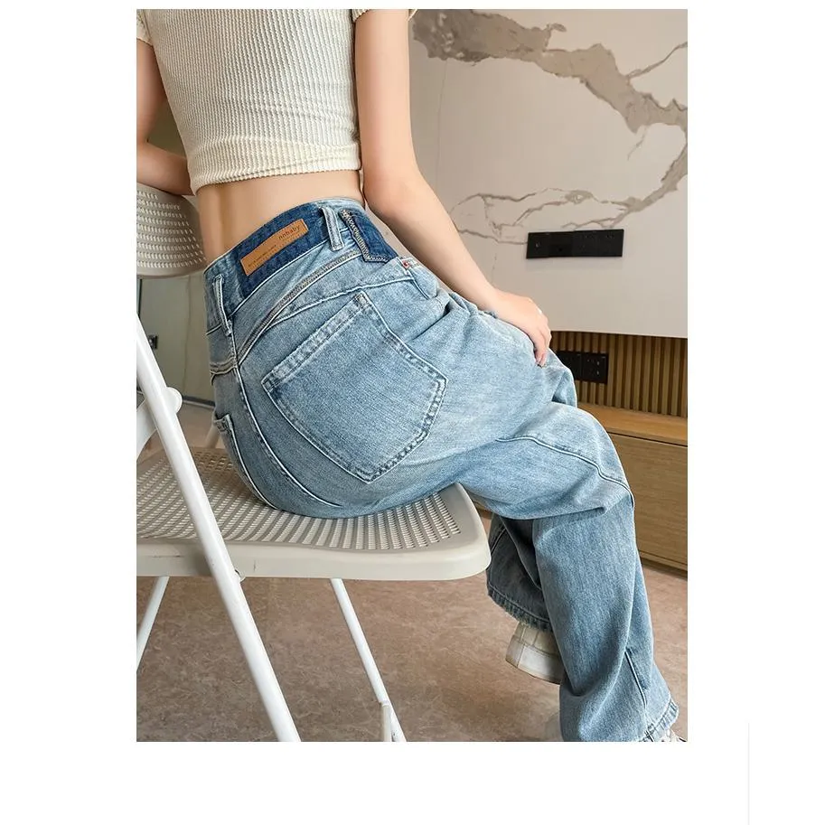 Loose Fit Distressed Color Blocking Straight Leg High-Waisted Jeans