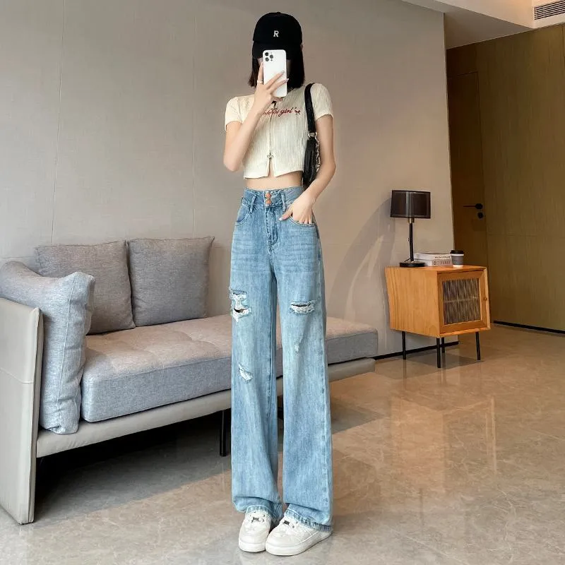 Loose Fit Distressed Color Blocking Straight Leg High-Waisted Jeans