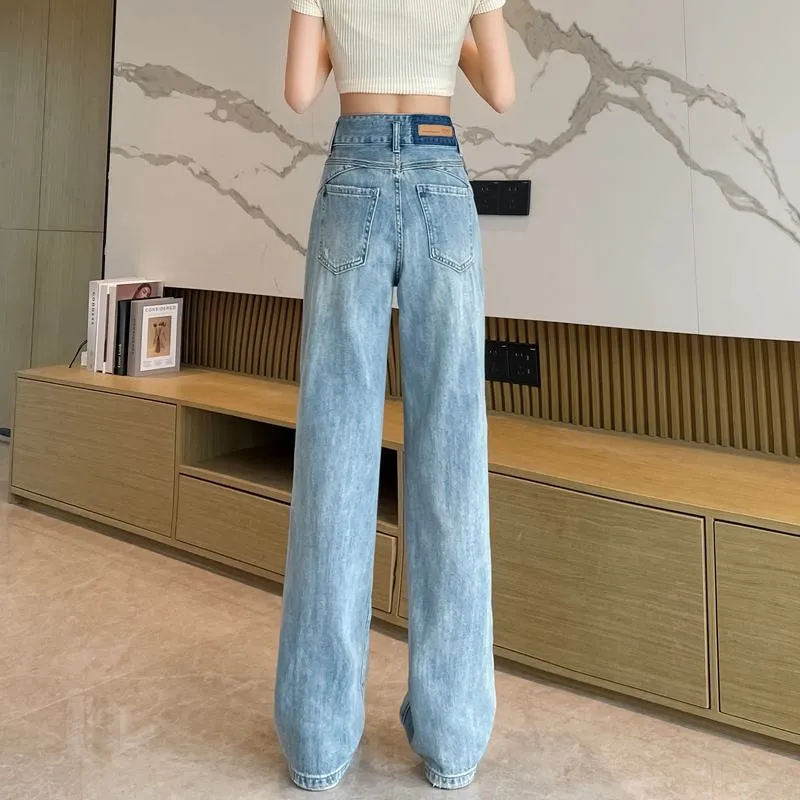 Loose Fit Distressed Color Blocking Straight Leg High-Waisted Jeans