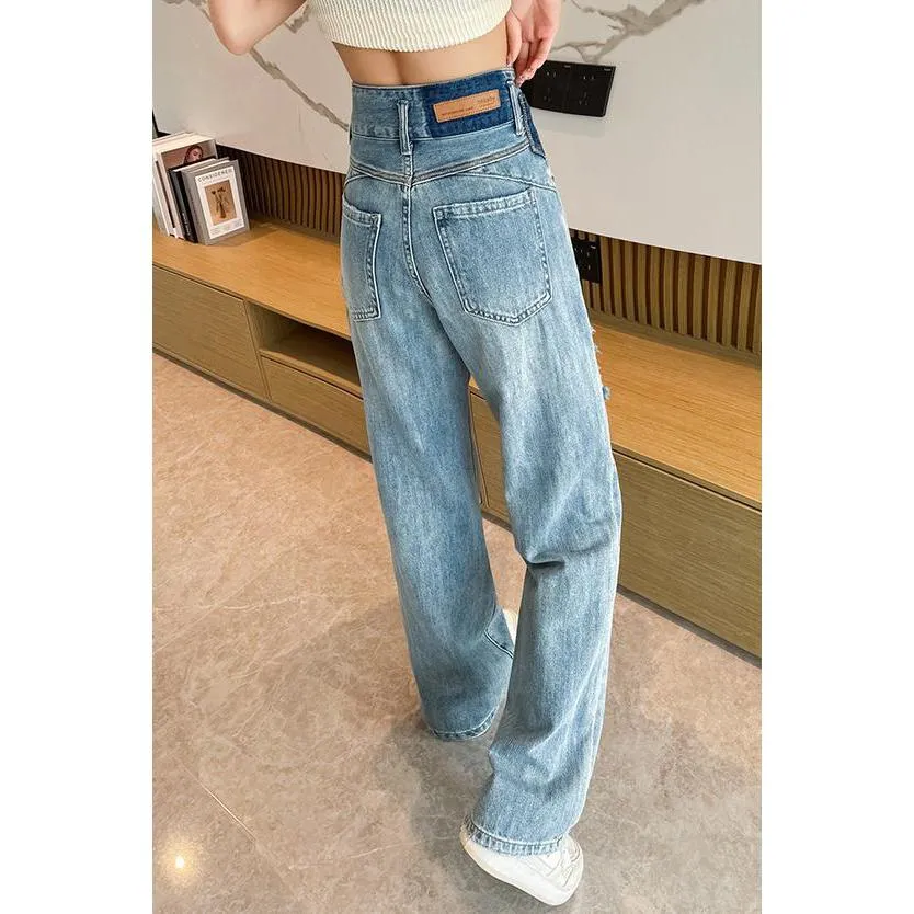 Loose Fit Distressed Color Blocking Straight Leg High-Waisted Jeans