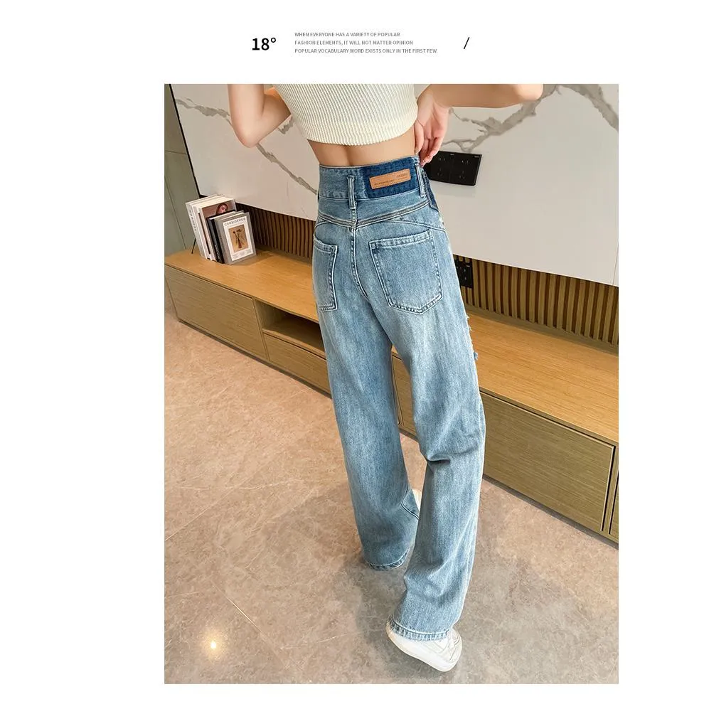 Loose Fit Distressed Color Blocking Straight Leg High-Waisted Jeans