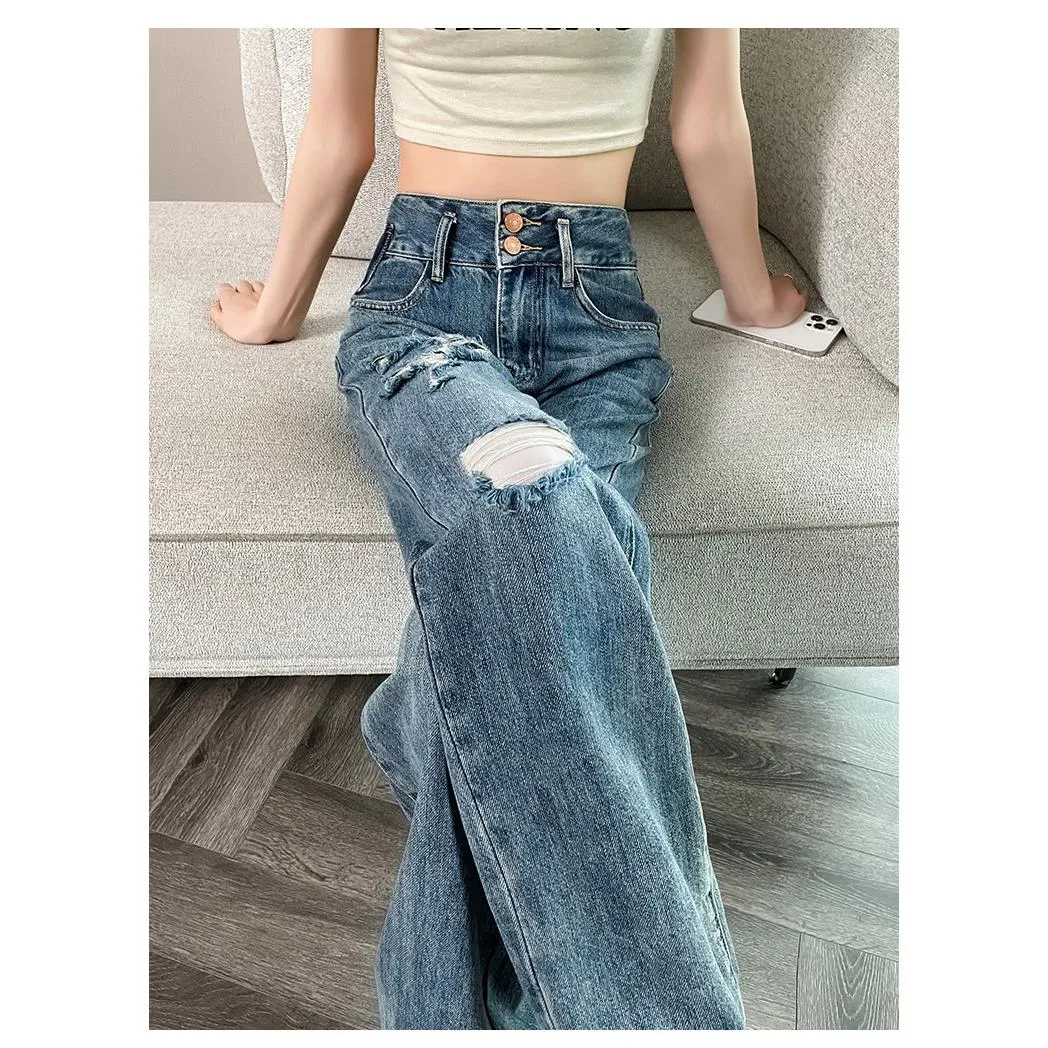 Loose Fit Distressed Color Blocking Straight Leg High-Waisted Jeans