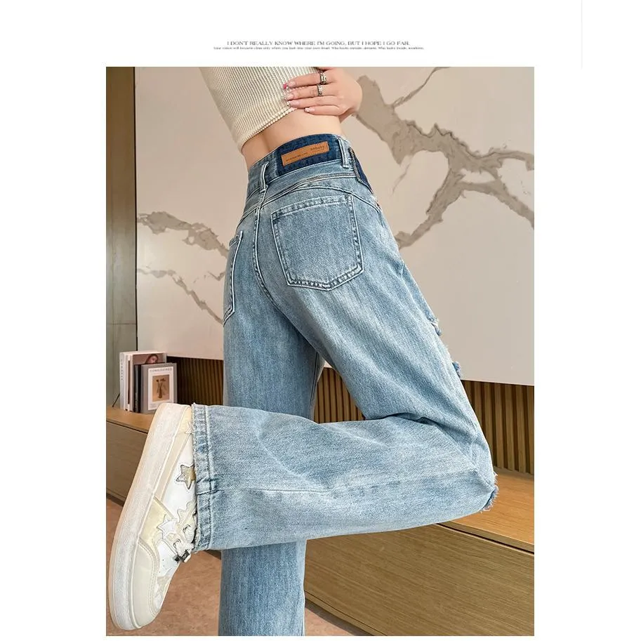 Loose Fit Distressed Color Blocking Straight Leg High-Waisted Jeans