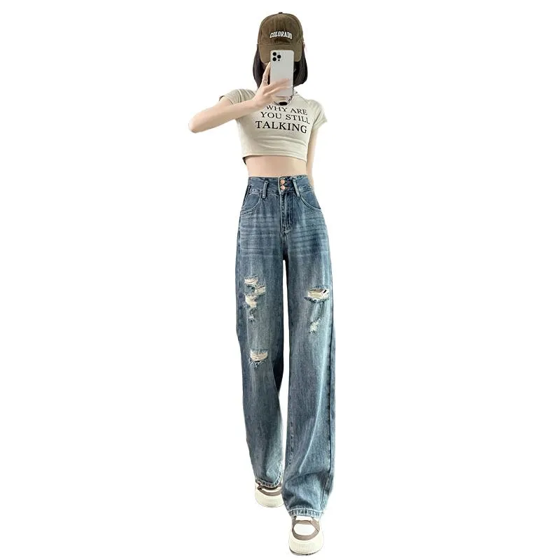 Loose Fit Distressed Color Blocking Straight Leg High-Waisted Jeans