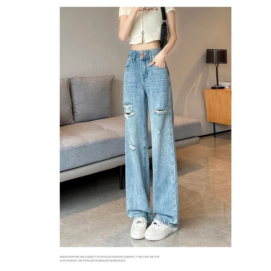 Loose Fit Distressed Color Blocking Straight Leg High-Waisted Jeans