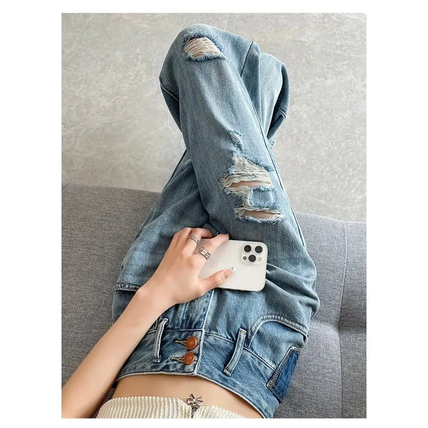 Loose Fit Distressed Color Blocking Straight Leg High-Waisted Jeans