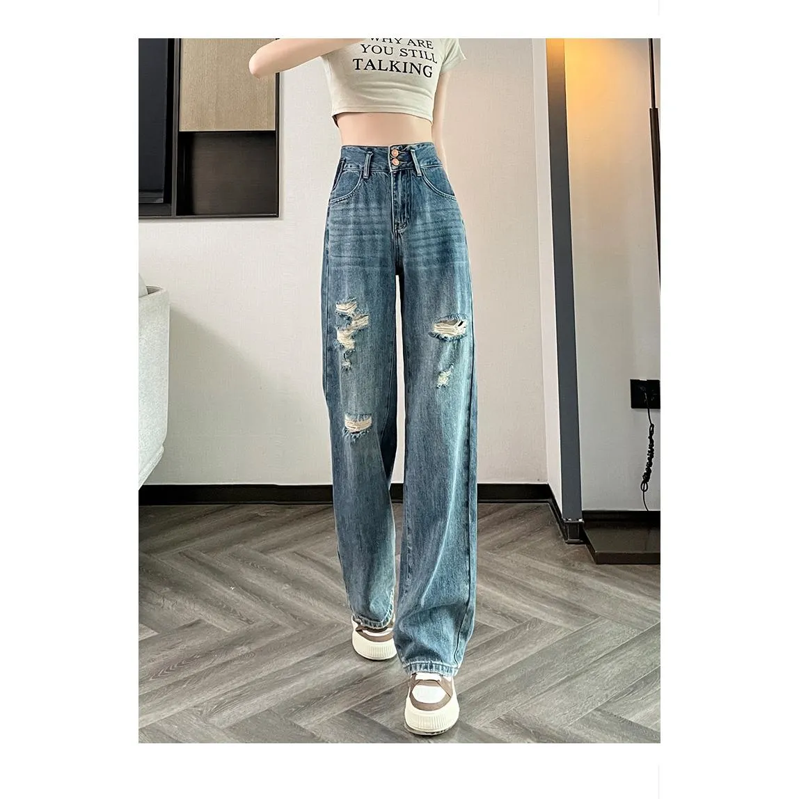 Loose Fit Distressed Color Blocking Straight Leg High-Waisted Jeans