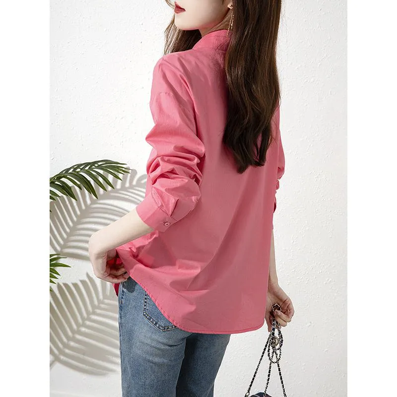 Loose Fit Long Sleeve Pure Cotton Chic Red Casual Versatile Shirt