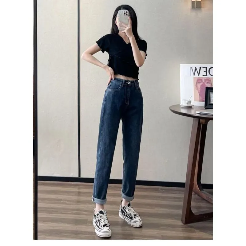 Loose Fit Petite Cropped Harem Slimming Elasticity Carrot High-Waisted Jeans