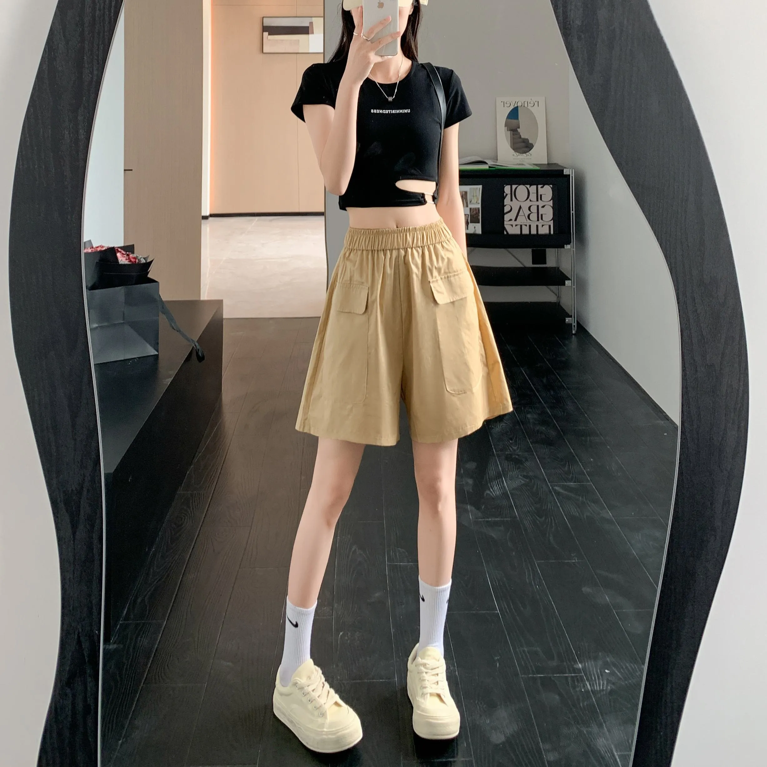 Loose Fit Thin High-Waisted Workwear Casual Solid Color Shorts