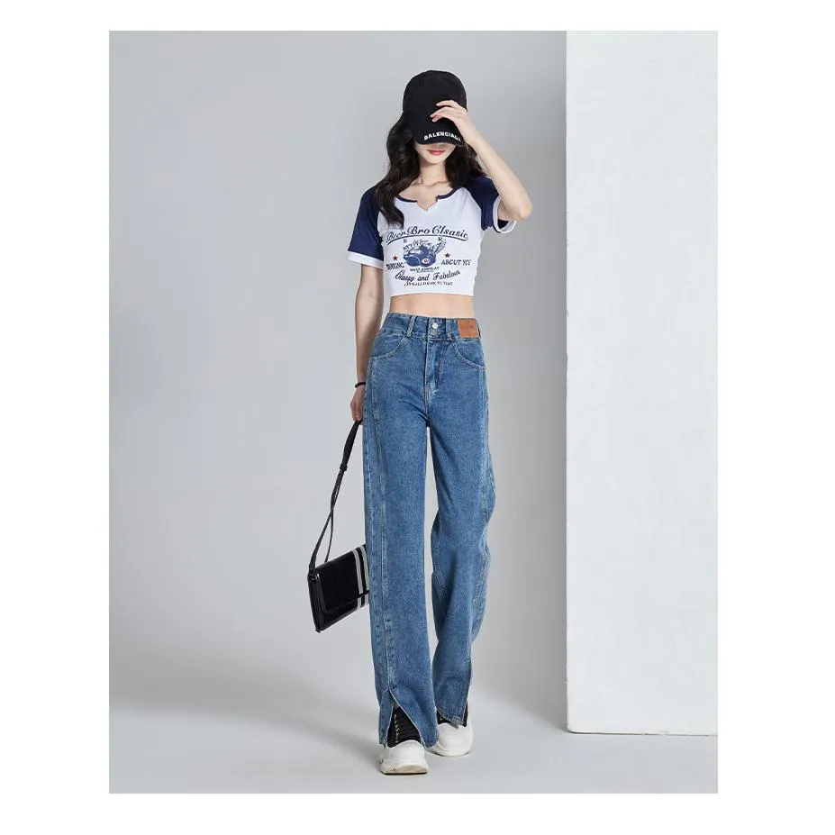 Loose Fit Thin Split Hem Straight Leg High-Waisted Jeans