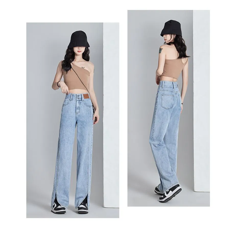 Loose Fit Thin Split Hem Straight Leg High-Waisted Jeans