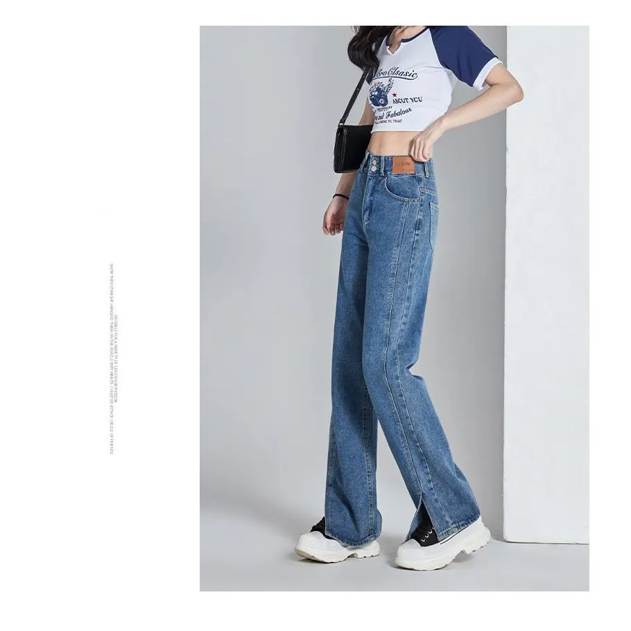 Loose Fit Thin Split Hem Straight Leg High-Waisted Jeans