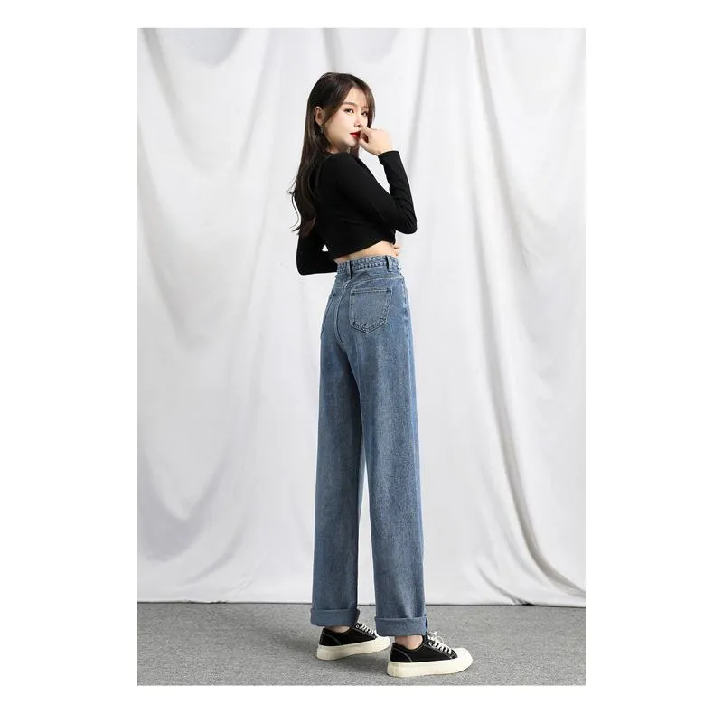 Loose Fit Wide-Leg Draping Slimming Floor-Length High-Waisted Irregular Straight Jeans