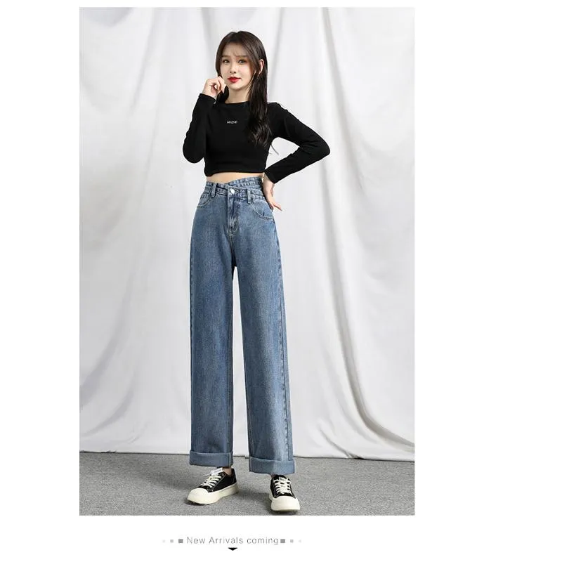 Loose Fit Wide-Leg Draping Slimming Floor-Length High-Waisted Irregular Straight Jeans