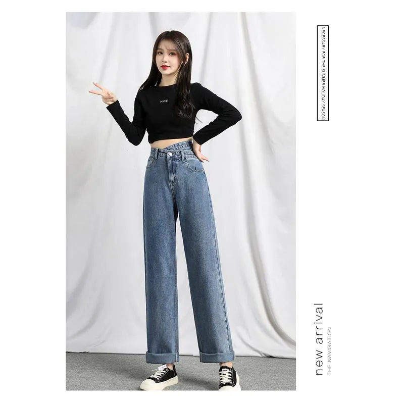 Loose Fit Wide-Leg Draping Slimming Floor-Length High-Waisted Irregular Straight Jeans