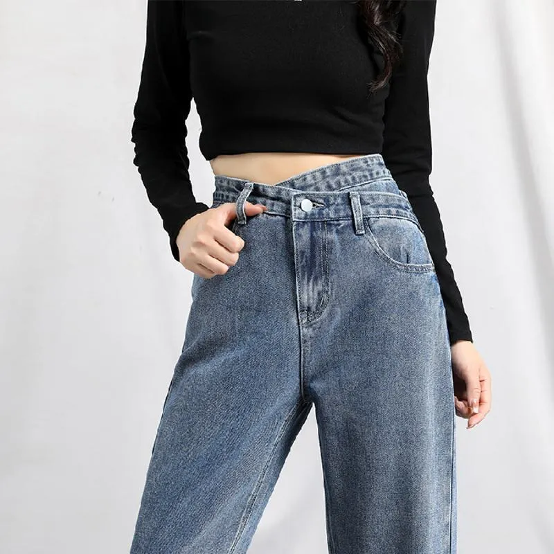 Loose Fit Wide-Leg Draping Slimming Floor-Length High-Waisted Irregular Straight Jeans