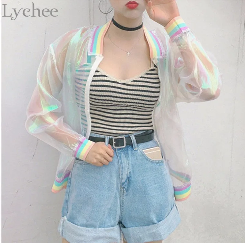 Lychee Harajuku Summer Women Jacket Laser Rainbow Symphony Hologram Women Coat Iridescent Transparent Bomber Jacket Sunproof