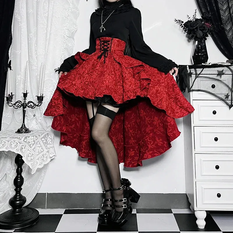 Mall Goth High Waist Swallowtail Vintage Lace-Up Asymmetrical Skirt