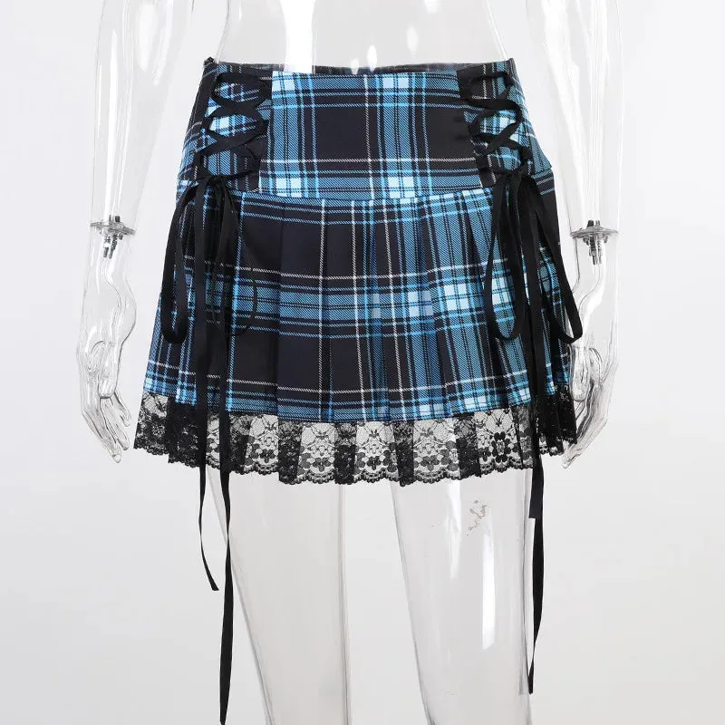 Mall Mini Y2K Streetwear Gothic Bandage Lace High Harajuku Vintage Grunge Women Summer Sexy Waist Skirt