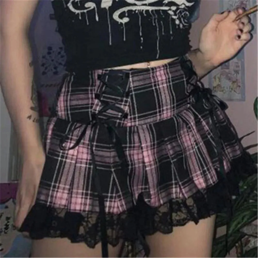 Mall Mini Y2K Streetwear Gothic Bandage Lace High Harajuku Vintage Grunge Women Summer Sexy Waist Skirt