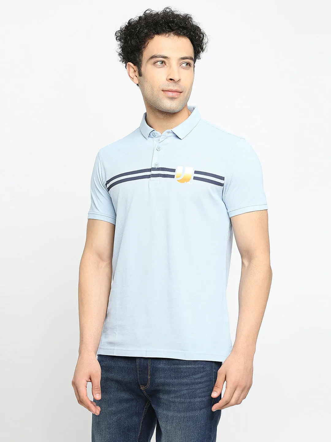 Men Premium Cotton Powder Blue Polo T-Shirt - Underjeans By Spykar