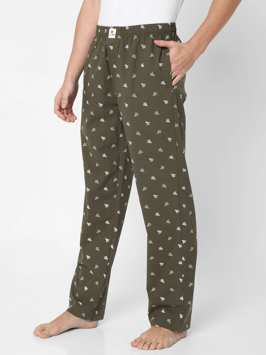 Men Premium Olive Cotton Printed Pyjama- Underjeans By Spykar