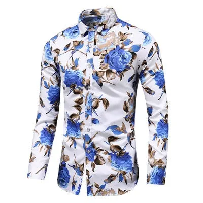 Men Slim Floral Print Long Sleeve