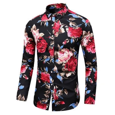 Men Slim Floral Print Long Sleeve