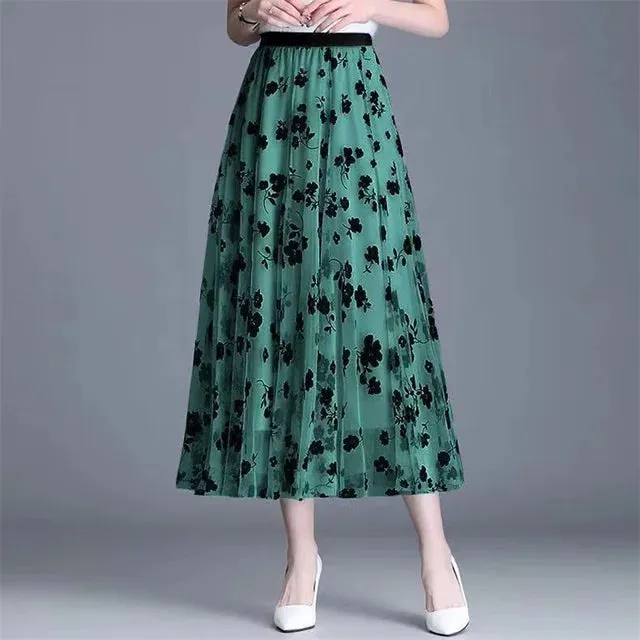 Mesh Floral Skirt For Women 2023 Autumn Winter Lace Flocking Big Swing Elastic High Waisted Fashion Elegant Mujer Party A-Line