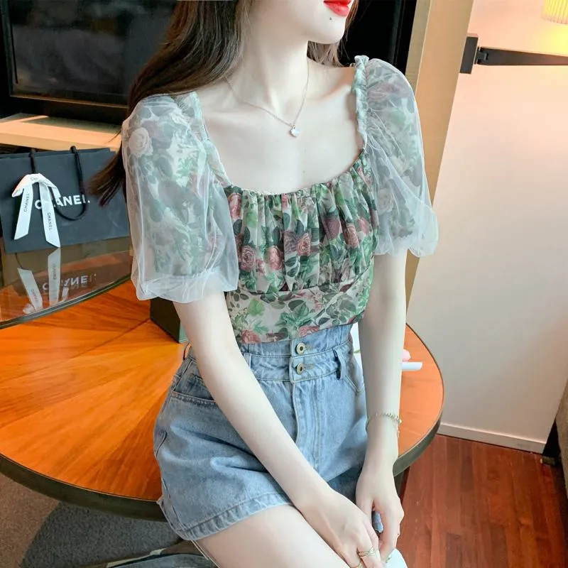 Mesh Square Collar Bubble Sleeve Floral Print Patchwork Chiffon Blouse