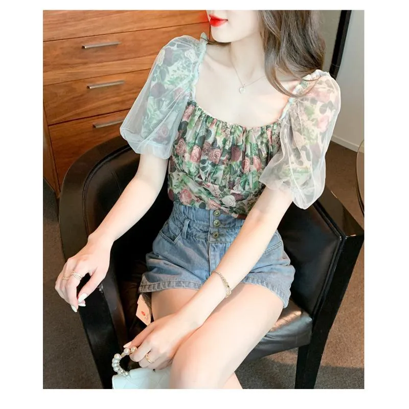 Mesh Square Collar Bubble Sleeve Floral Print Patchwork Chiffon Blouse